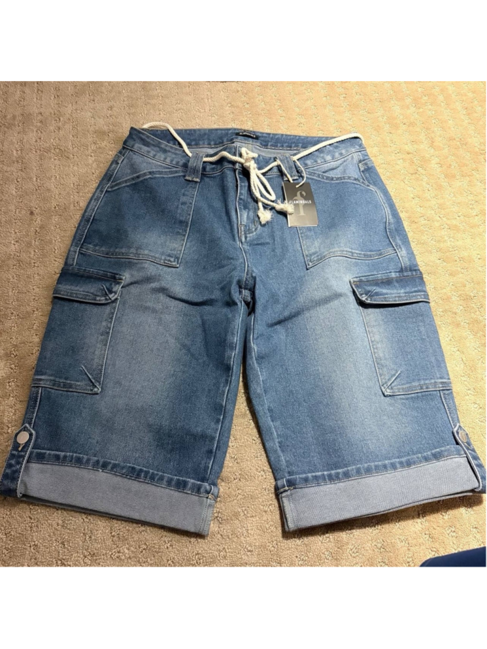 Wash Roll Hem Flap Pocket Belted Mid Rise Denim Bermuda Shorts “2XL - Picture 9 of 13